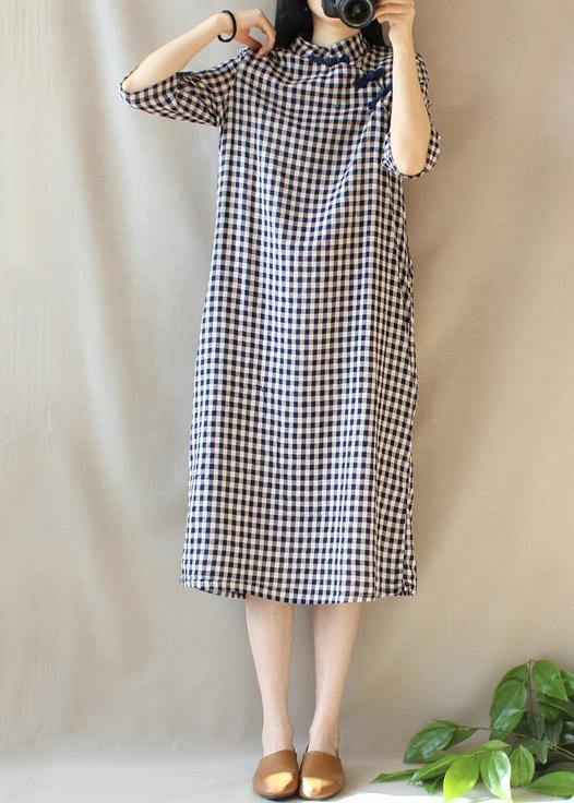 Loose Stand Collar Chinese Button Outfit Work Plaid Maxi Dresses - SooLinen