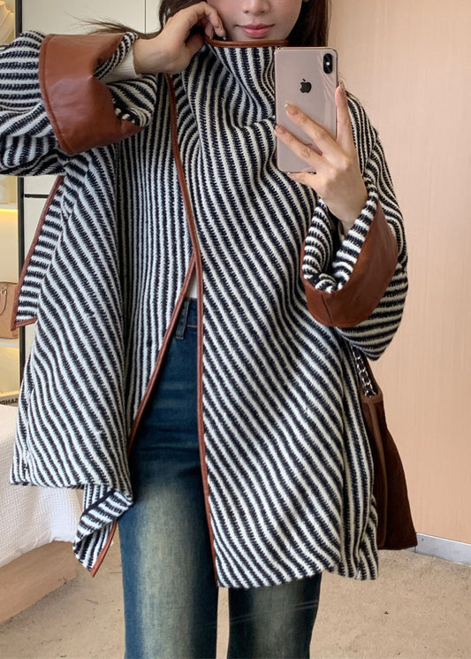 Loose Striped Asymmetrical Patchwork Woolen Coat Spring