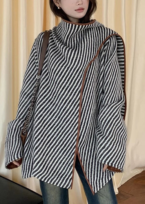 Loose Striped Asymmetrical Patchwork Woolen Coat Spring