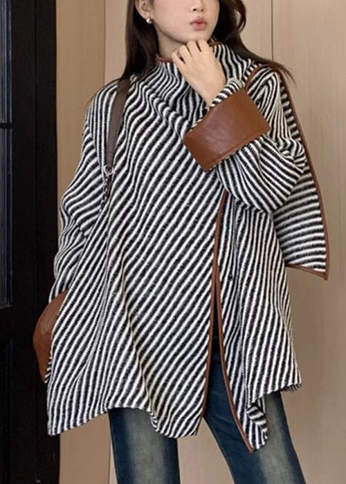 Loose Striped Asymmetrical Patchwork Woolen Coat Spring