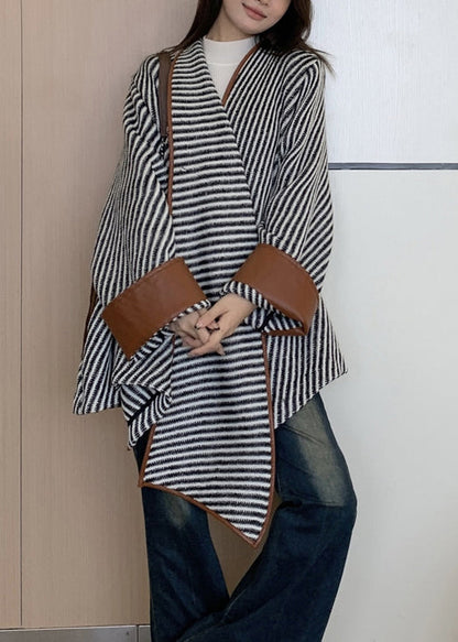 Loose Striped Asymmetrical Patchwork Woolen Coat Spring