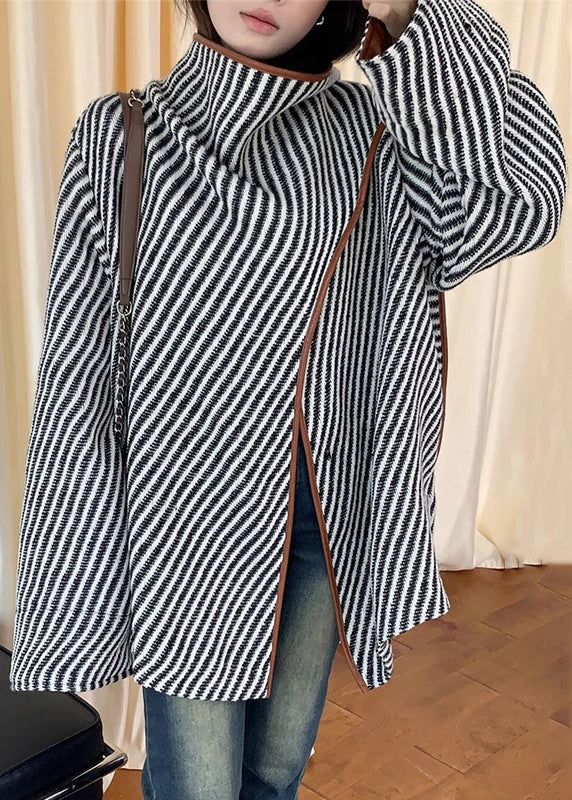 Loose Striped Asymmetrical Patchwork Woolen Coat Spring