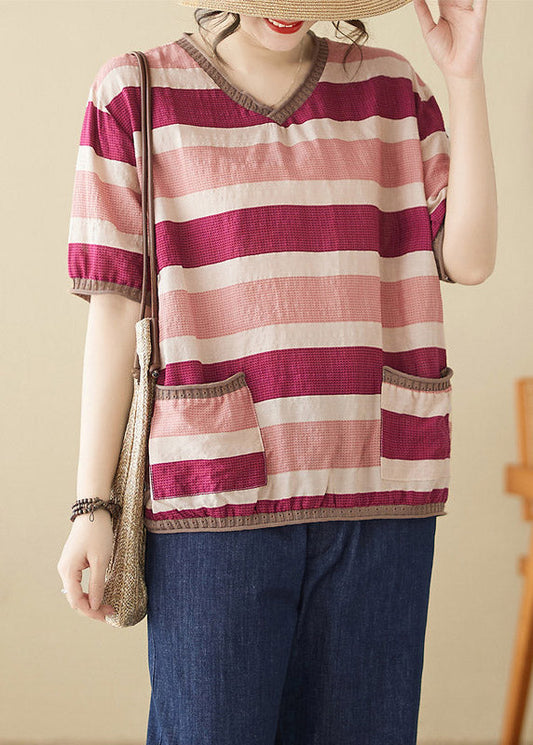 Loose Striped Patchwork O-Neck T Shirts Short Sleeve