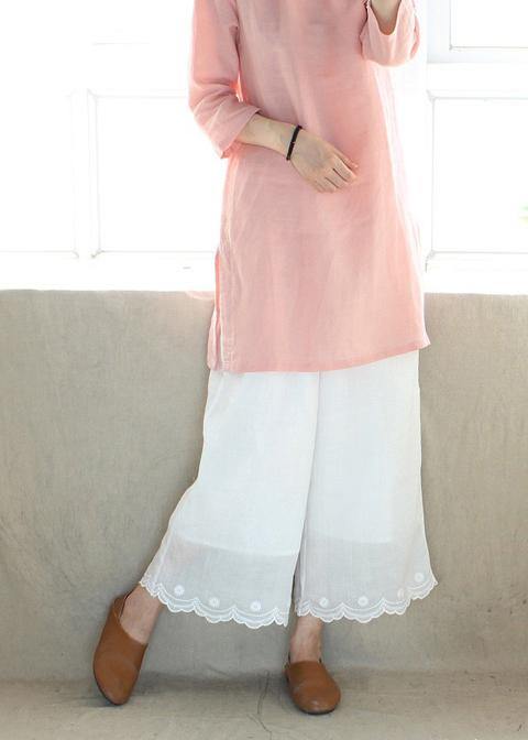 Loose Summer Casual White Embroidery Shape Elastic Waist Pant - SooLinen
