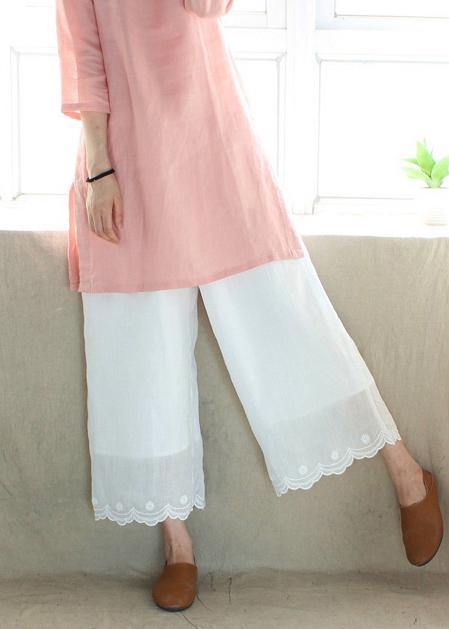 Loose Summer Casual White Embroidery Shape Elastic Waist Pant - SooLinen