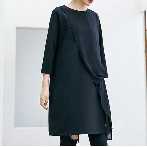 Lockere Dreiviertelärmelige Baumwolltuniken Lustige Tunika-Oberteile schwarzes lockeres Kleid