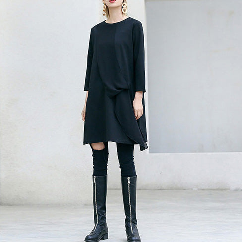 Lockere Dreiviertelärmelige Baumwolltuniken Lustige Tunika-Oberteile schwarzes lockeres Kleid