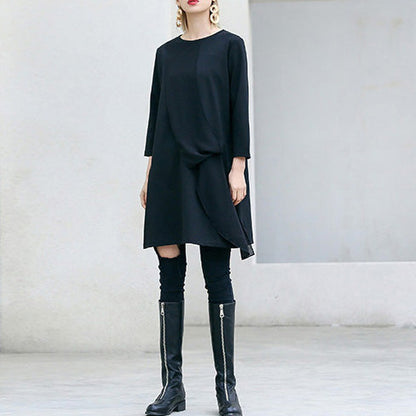 Lockere Dreiviertelärmelige Baumwolltuniken Lustige Tunika-Oberteile schwarzes lockeres Kleid