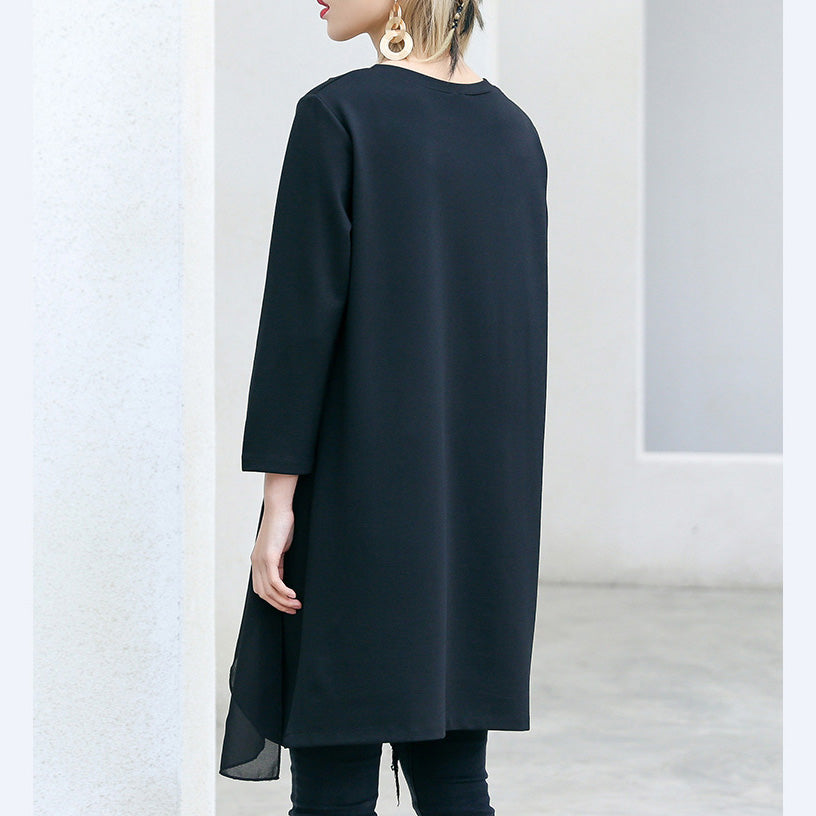 Lockere Dreiviertelärmelige Baumwolltuniken Lustige Tunika-Oberteile schwarzes lockeres Kleid