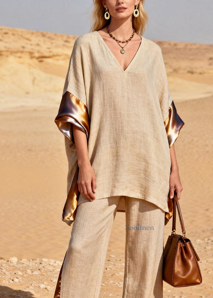Loose V Neck Patchwork Linen Silk Two Pieces Set Summer