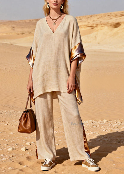 Loose V Neck Patchwork Linen Silk Two Pieces Set Summer