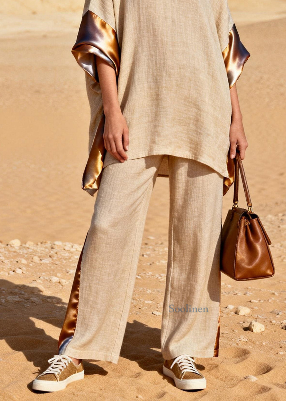 Loose V Neck Patchwork Linen Silk Two Pieces Set Summer