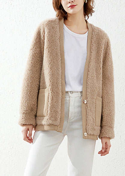 Abrigos de piel sintética con cuello en V holgados, bolsillos y patchwork para invierno