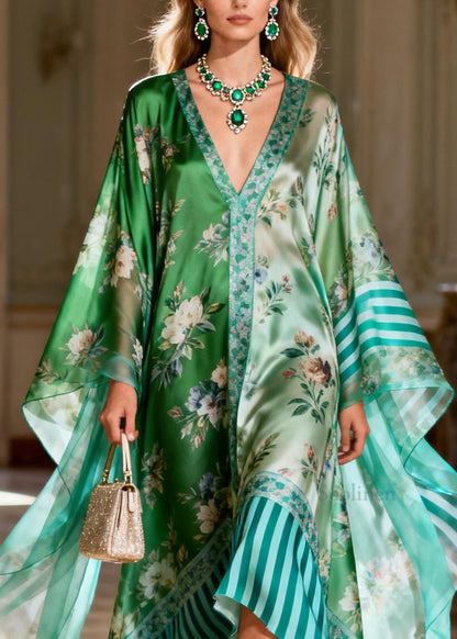 Loose V Neck Print Patchwork Silk Robe Dresses Summer