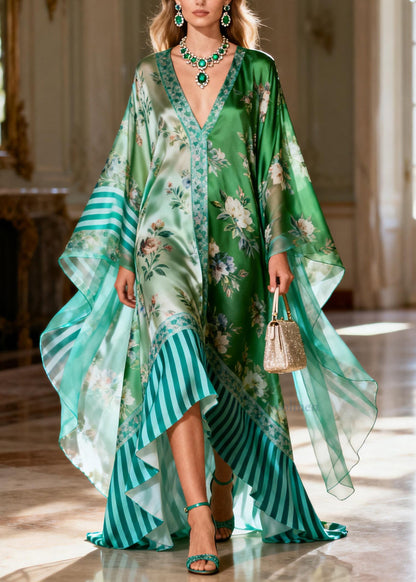 Loose V Neck Print Patchwork Silk Robe Dresses Summer