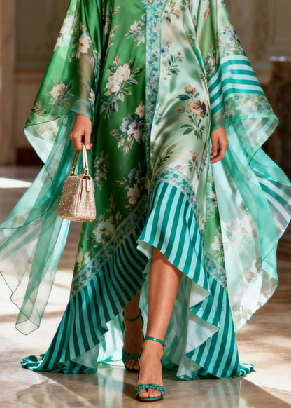 Loose V Neck Print Patchwork Silk Robe Dresses Summer