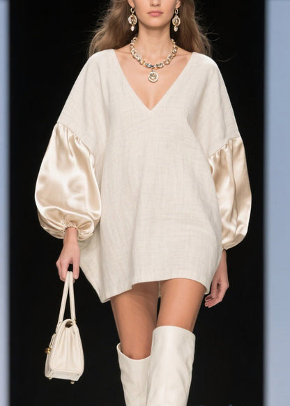 Loose V Neck Silk Patchwork Linen Mid Dress Spring