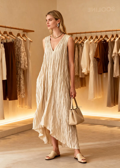 Loose V Neck Wrinkled Cotton Ankle Dress Sleeveless