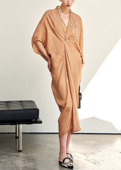 Loose V Neck Wrinkled Cotton Long Dress Batwing Sleeve