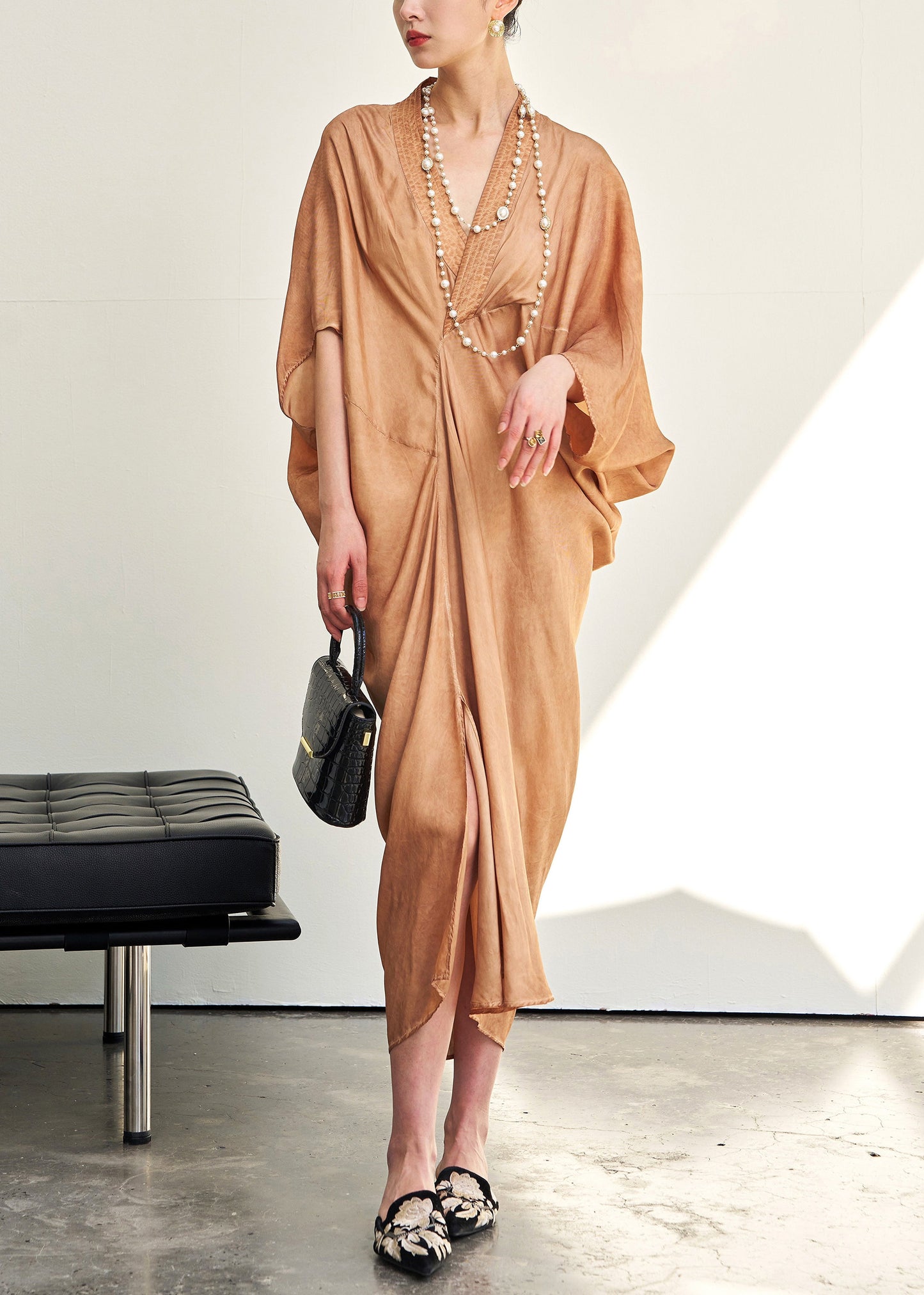 Loose V Neck Wrinkled Cotton Long Dress Batwing Sleeve