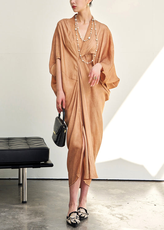 Loose V Neck Wrinkled Cotton Long Dress Batwing Sleeve
