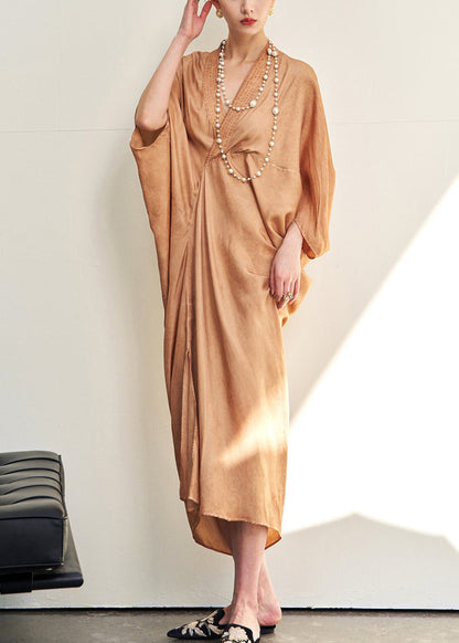 Loose V Neck Wrinkled Cotton Long Dress Batwing Sleeve