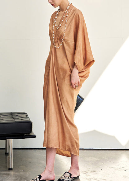 Loose V Neck Wrinkled Cotton Long Dress Batwing Sleeve