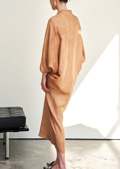 Loose V Neck Wrinkled Cotton Long Dress Batwing Sleeve