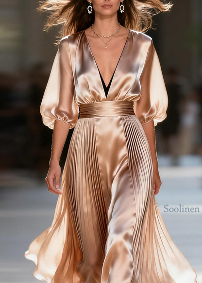 Loose V Neck Wrinkled Patchwork Silk Maxi Dresses Summer