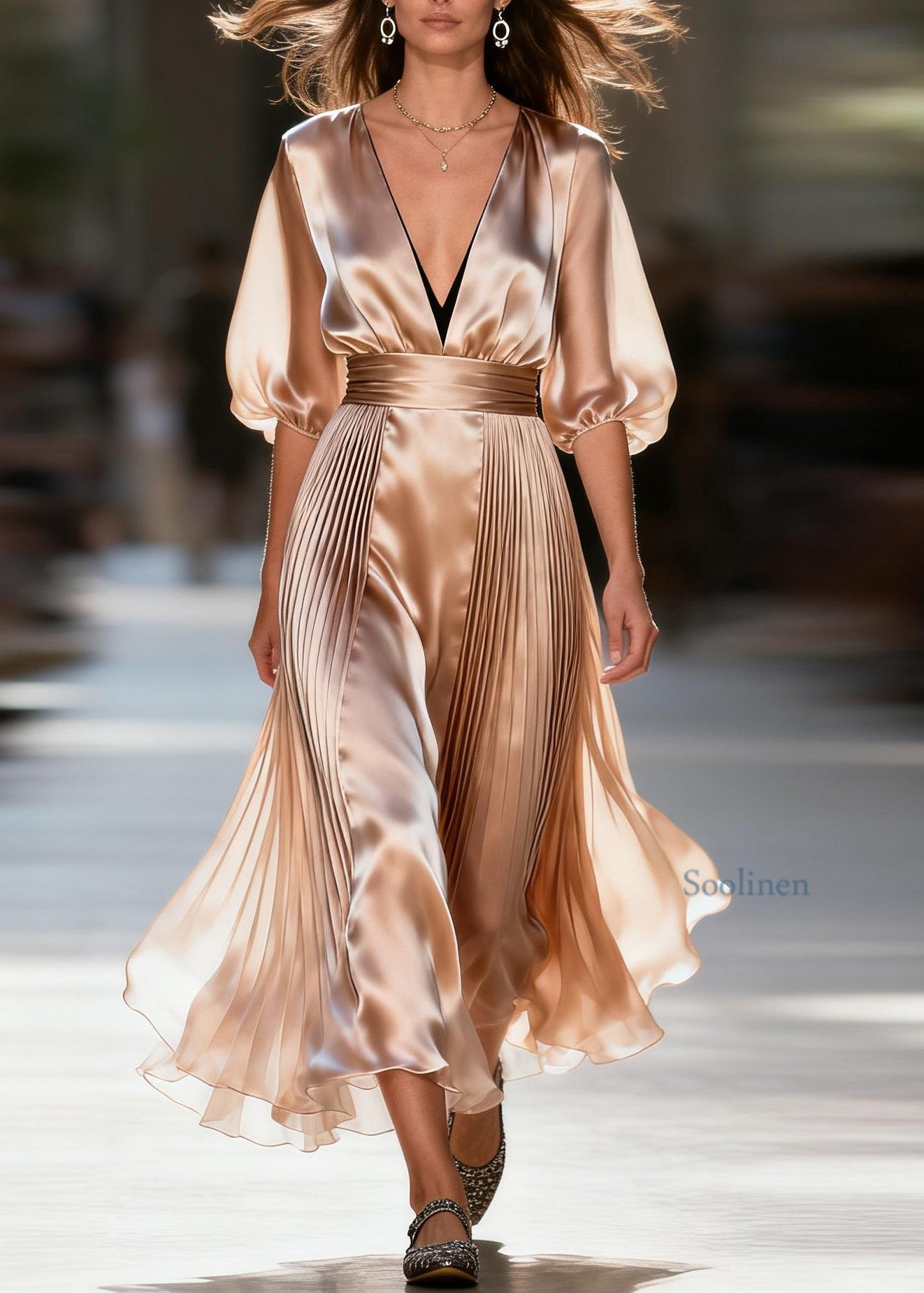 Loose V Neck Wrinkled Patchwork Silk Maxi Dresses Summer
