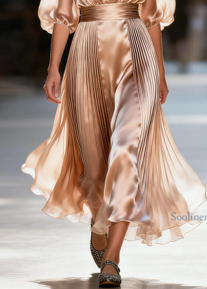 Loose V Neck Wrinkled Patchwork Silk Maxi Dresses Summer