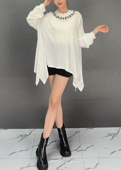 Loose White Asymmetrical Nail Bead Cotton T Shirt Summer