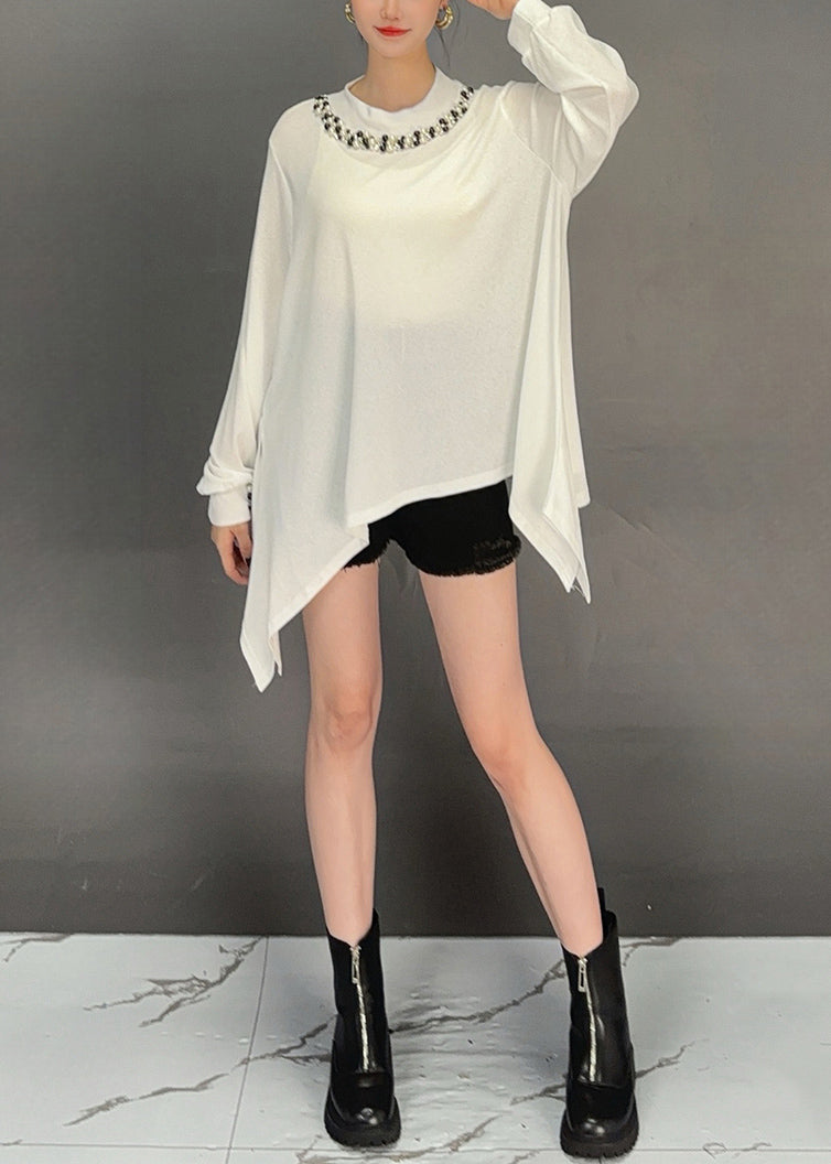 Loose White Asymmetrical Nail Bead Cotton T Shirt Summer