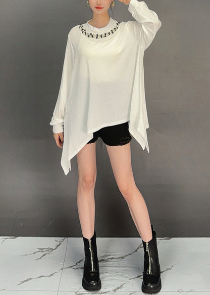 Loose White Asymmetrical Nail Bead Cotton T Shirt Summer