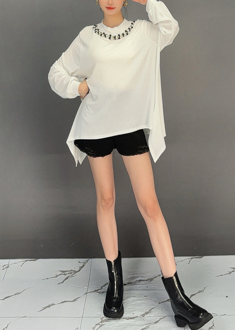 Loose White Asymmetrical Nail Bead Cotton T Shirt Summer