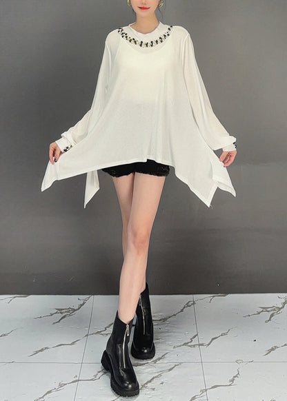 Loose White Asymmetrical Nail Bead Cotton T Shirt Summer