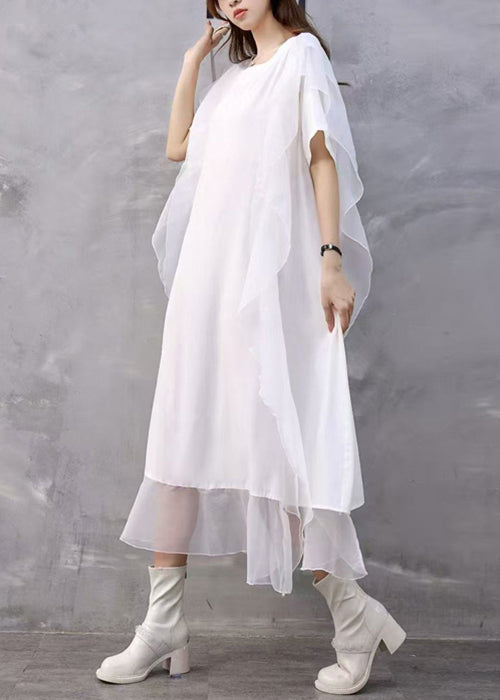Loose White Asymmetrical Ruffled Chiffon Dresses Summer