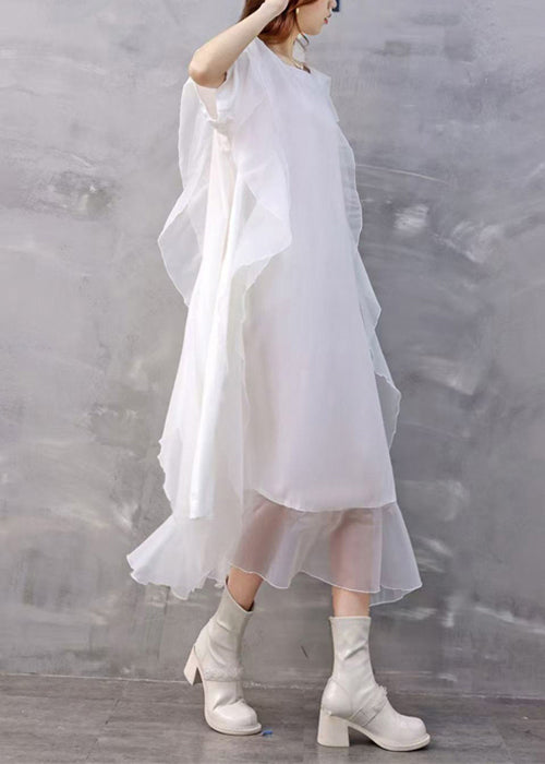 Loose White Asymmetrical Ruffled Chiffon Dresses Summer