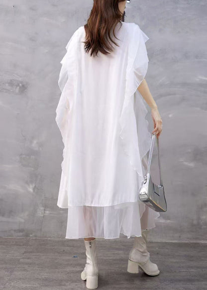 Loose White Asymmetrical Ruffled Chiffon Dresses Summer