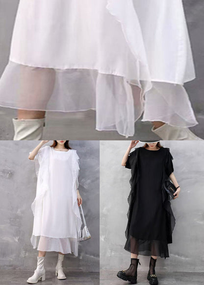Loose White Asymmetrical Ruffled Chiffon Dresses Summer