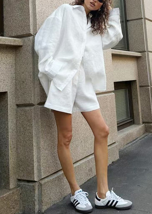 Loose White Button Elastic Waist Cotton Two Pieces Set Summer