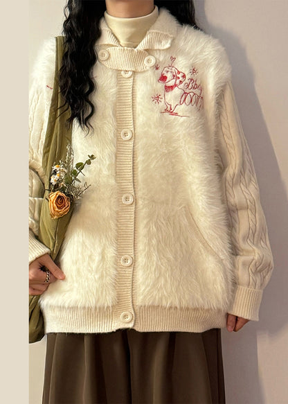 Loose White Button Fluffy Patchwork Knit Coats Winter