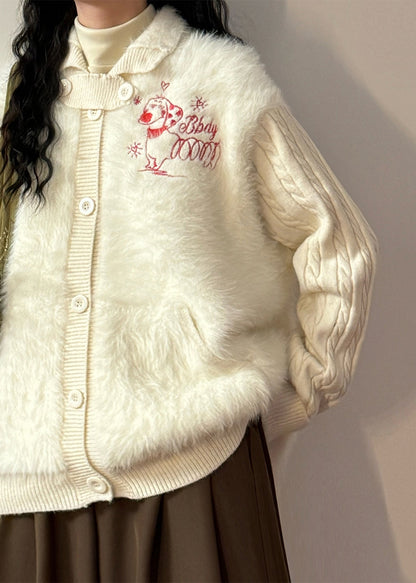 Loose White Button Fluffy Patchwork Knit Coats Winter