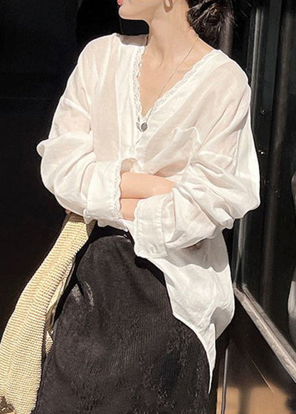 Loose White Button Low High Design Thin Silk Cotton Shirt Summer