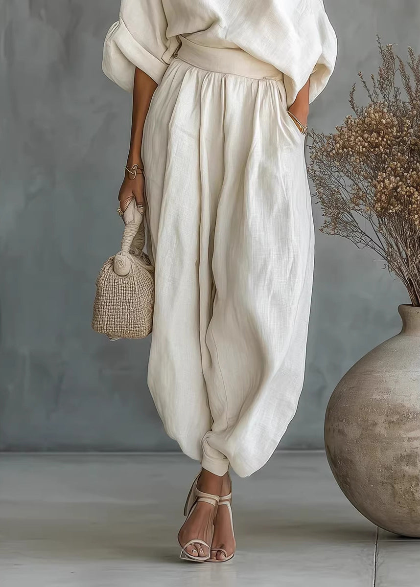 Loose White Cold Shoulder Linen Two Piece Set Women Clothing Summer