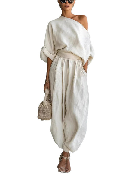 Loose White Cold Shoulder Linen Two Piece Set Women Clothing Summer