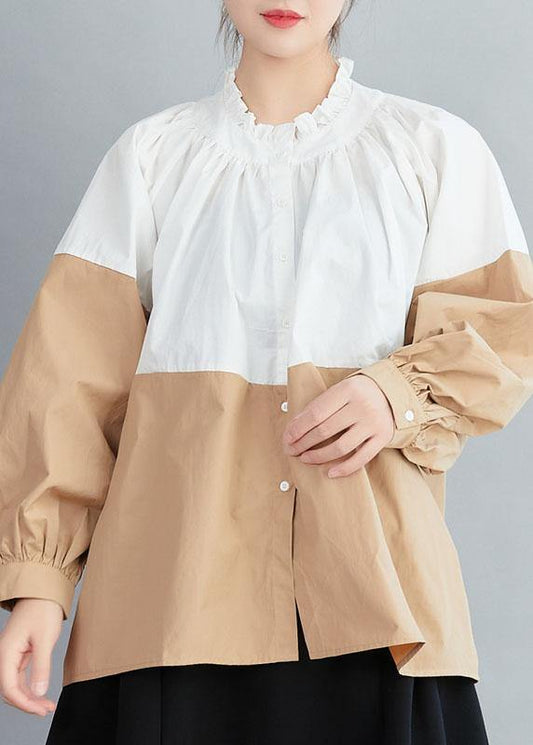 Loose White Colorblock Ruffled Fall Button Long sleeve Blouses - SooLinen
