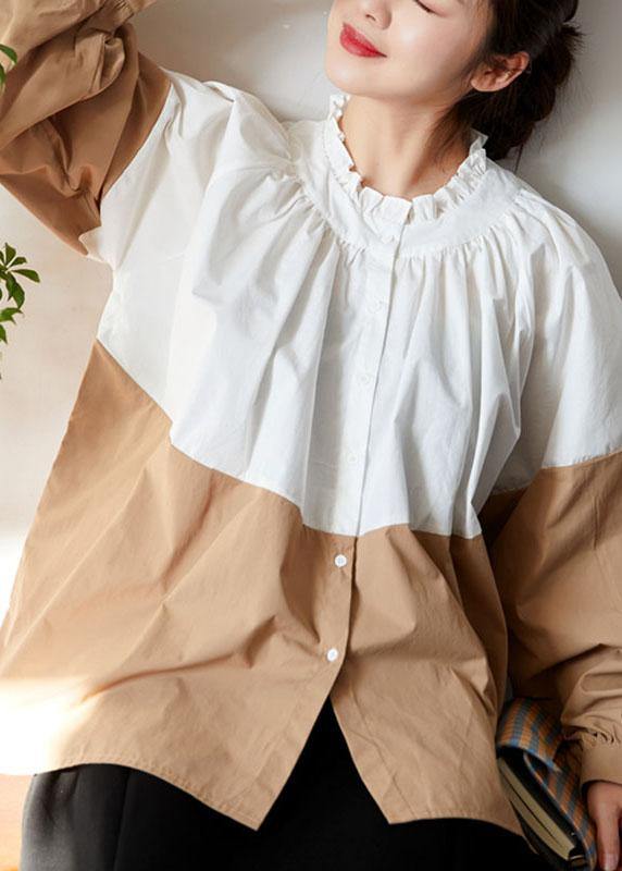 Loose White Colorblock Ruffled Fall Button Long sleeve Blouses - SooLinen