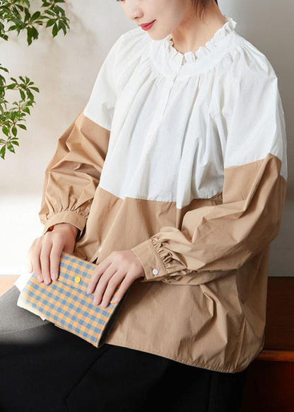 Loose White Colorblock Ruffled Fall Button Long sleeve Blouses - SooLinen