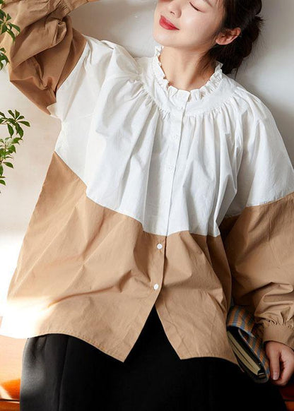 Loose White Colorblock Ruffled Fall Button Long sleeve Blouses - SooLinen